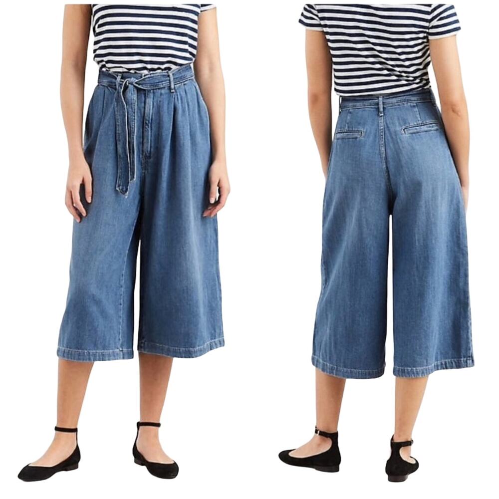Levi's High-Waisted Cropped Wide Leg Tie-Waisted Chambray Jeans